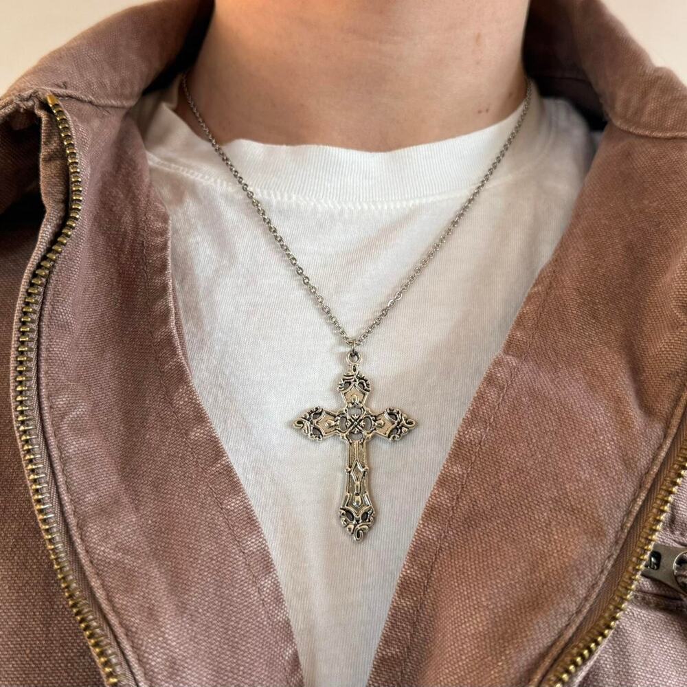Y2K 2000s Vintage Silver Cross Necklace Unisex Retro Chain Jewelry New
